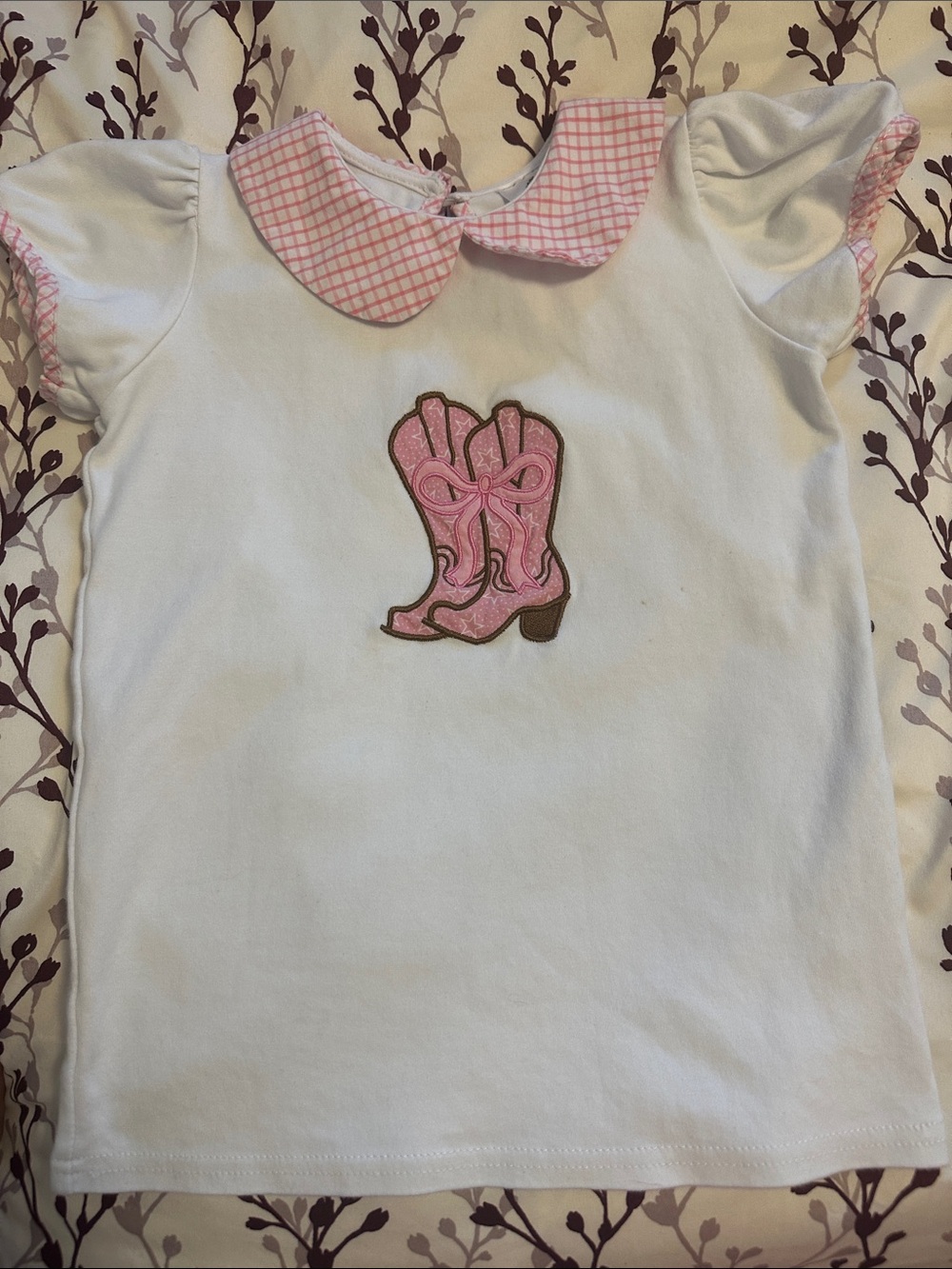 Girls White & Pink Cowboy Boot Appliqué Top